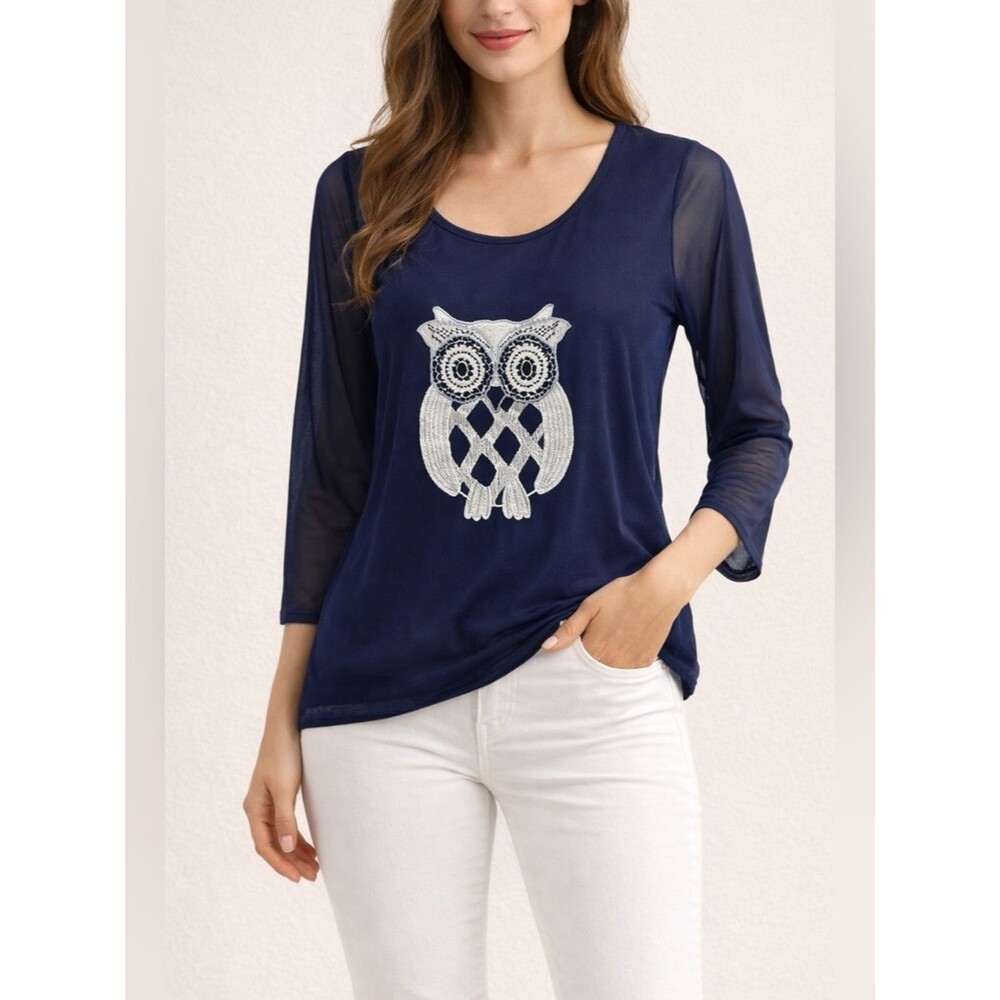 Rara Avis Navy White Sheer Owl Top Embroidered  Size Medium
